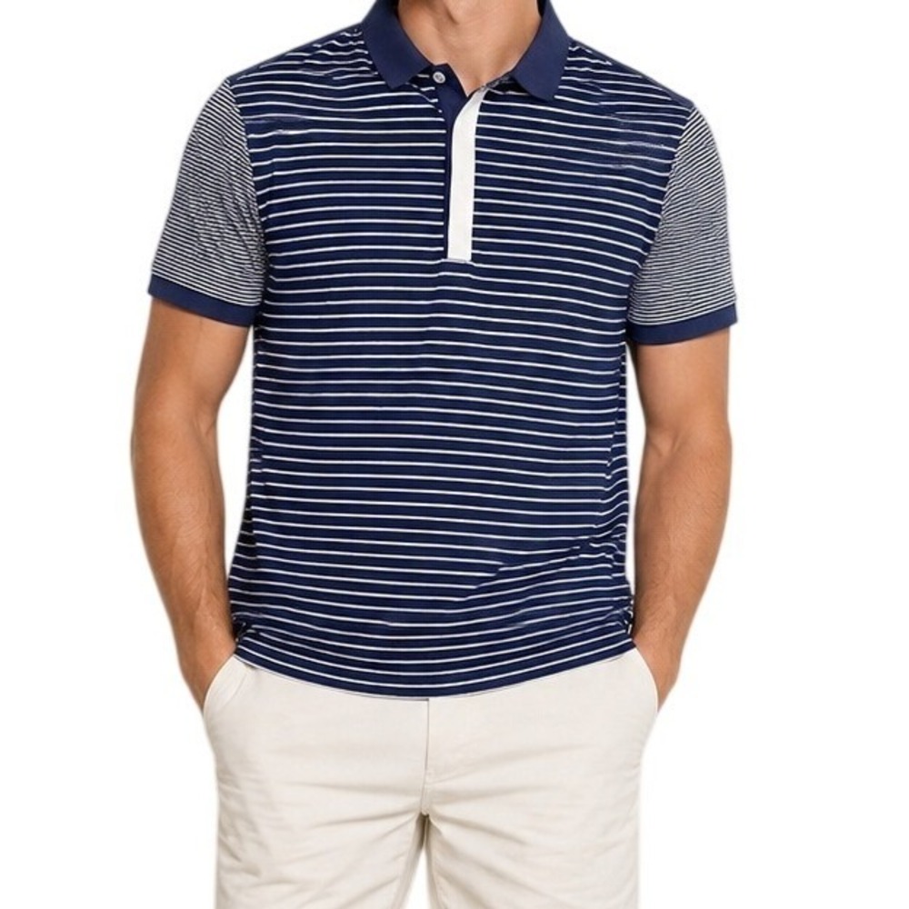 Bugatchi Uomo Navy Blue White Striped Short Sleeve Polo Men's Medium